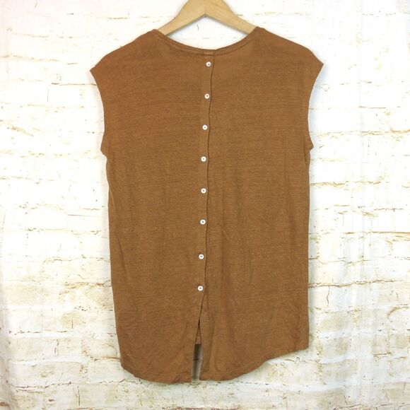 Tahari Top Women M Caramel Brown 100% Linen Tee Cap Sleeve Button Back Split Hem - Picture 1 of 9